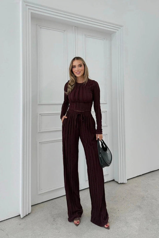 Cropped Reverse Stitch Thumbhole Two-Piece Set - Plum