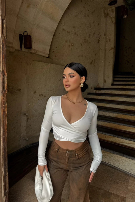 Cropped Scuba Double-Breasted Blouse - White