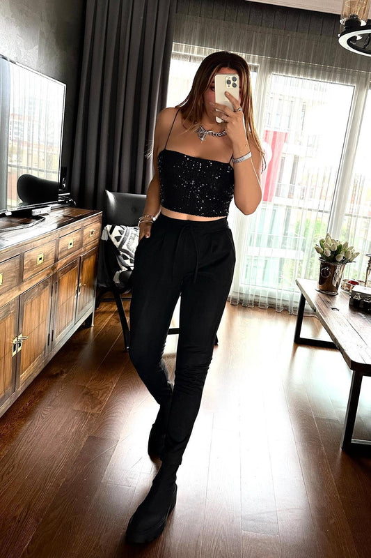 Cropped Sequined Spaghetti Strap Top - Black