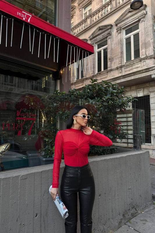 Cropped Tulle Twisted-Front Blouse - Red