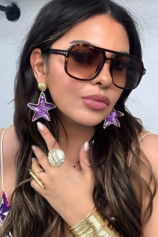 Dangling Star Earrings - Purple