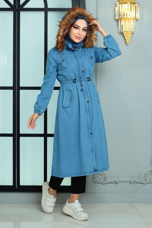 Denim Hooded Coat - Light Blue