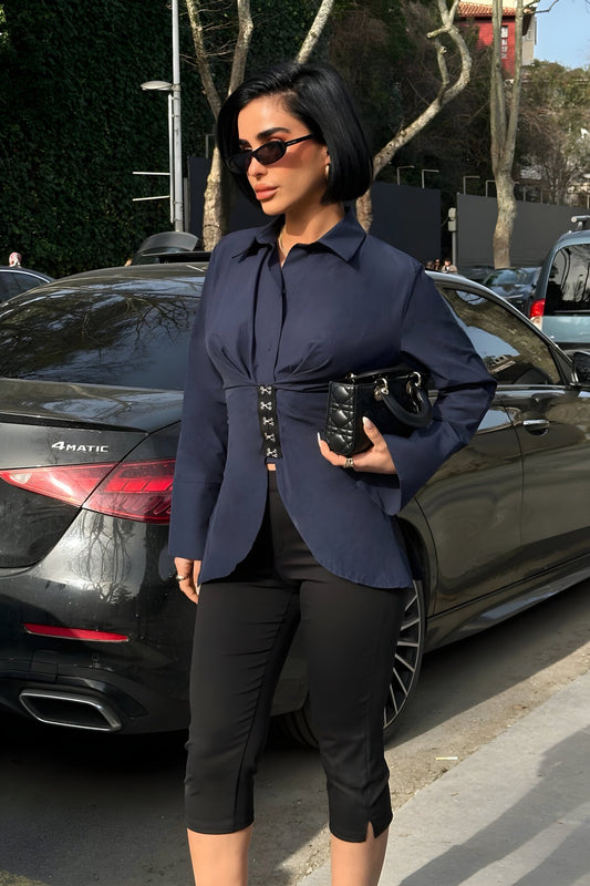 Designer Hook-Closure Back-Tie Shirt - Navy