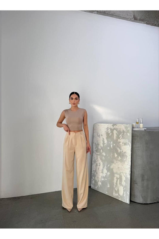 Double Cloth Palazzo Pants with Elasticated Back - Beige