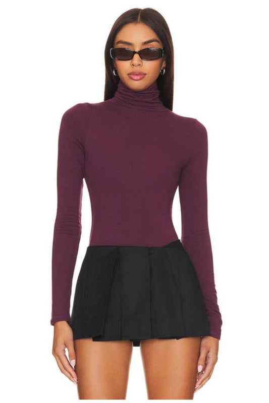 Double Layer Non-See-Through Turtleneck Bodysuit - Maroon