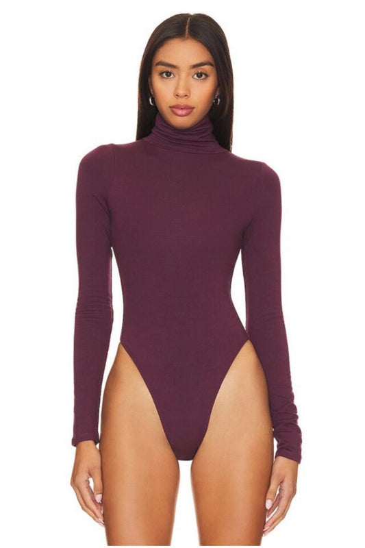 Double Layer Non-See-Through Turtleneck Bodysuit - Maroon