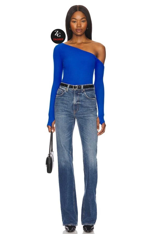 Double Layer Silk Jersey Asymmetric Neck Thumbhole Blouse - Cobalt Blue Black