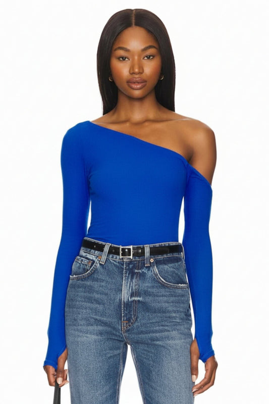 Double Layer Silk Jersey Asymmetric Neck Thumbhole Blouse - Cobalt Blue Black