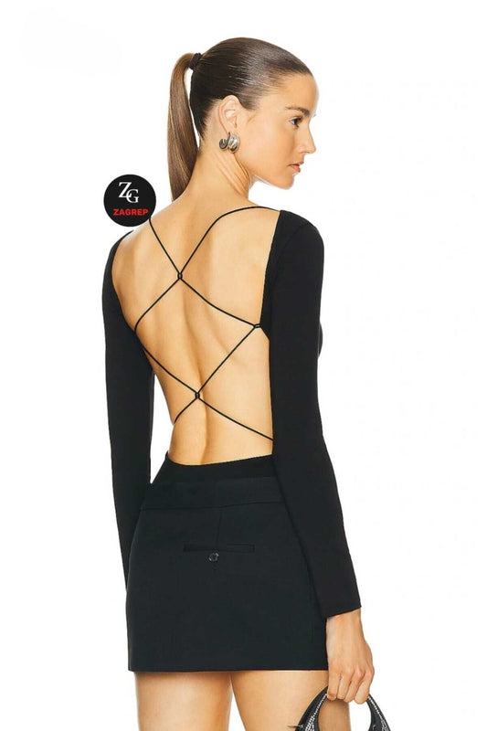 Double Layer Silk Jersey Backless Bodysuit - Black
