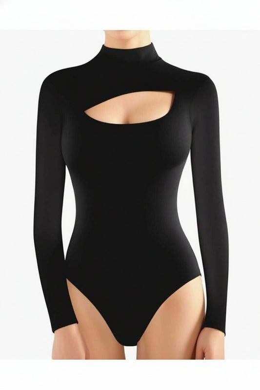 Double Layered Mock Neck Front Cut-out Bodysuit - Black