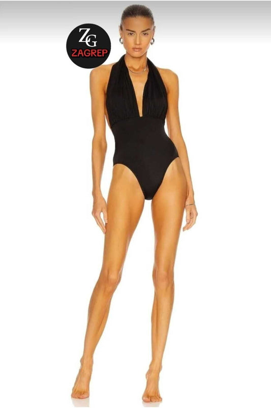 Double Layered Silk Jersey Halter Neck Bodysuit - Black