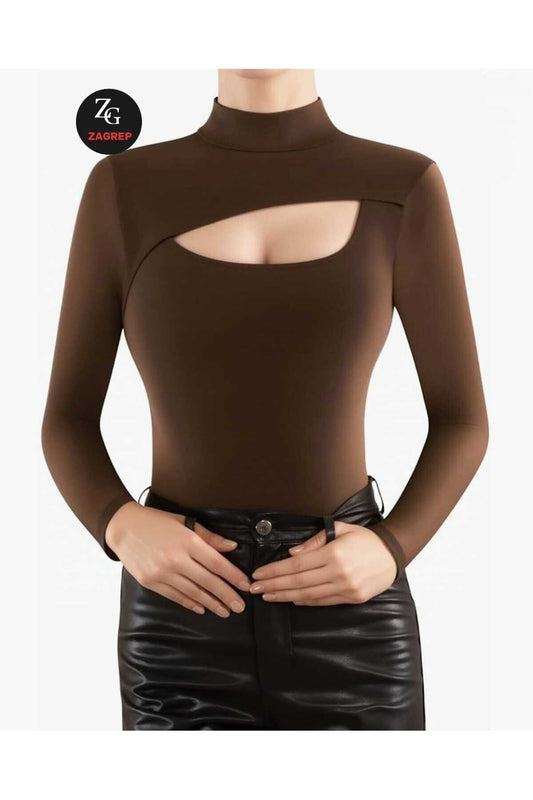 Double-Layered Silk Jersey Mock Neck Bodysuit - Brown
