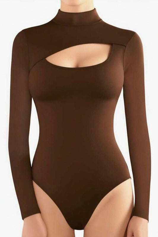 Double-Layered Silk Jersey Mock Neck Bodysuit - Brown