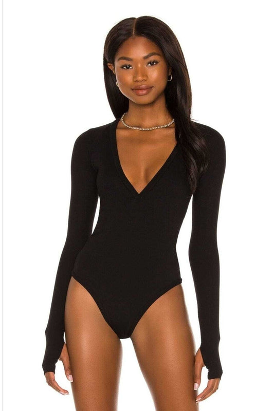 Double Layered Silk Jersey Placket Thumb-Hole Bodysuit - Black