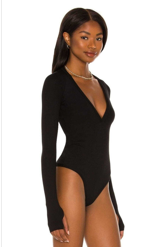 Double Layered Silk Jersey Placket Thumb-Hole Bodysuit - Black
