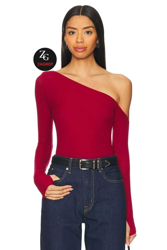 Double Layered Silk Jersey Thumbhole Blouse - Red