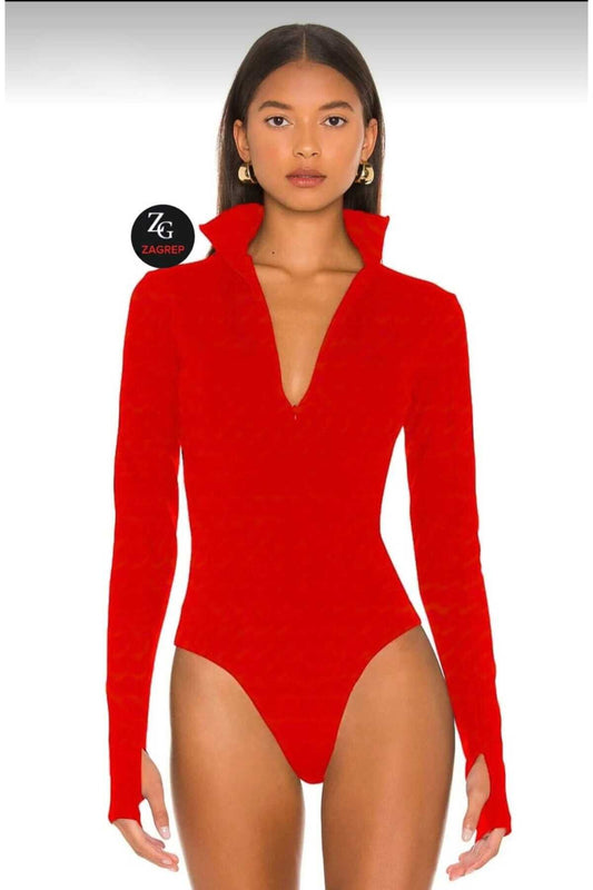 Double-Layered Silk Jersey Thumbhole Bodysuit - Red