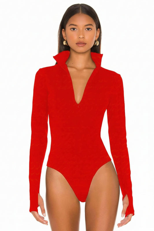 Double-Layered Silk Jersey Thumbhole Bodysuit - Red