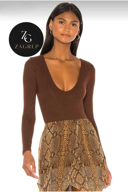 Double Layered Silk Jersey V-Neck Bodysuit - Coffee