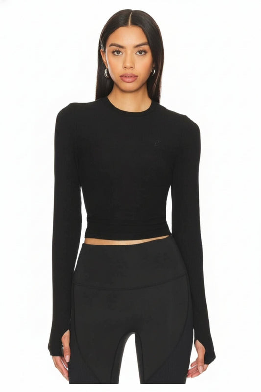 Double-Layered Thumbhole Crew Neck Crop Top - Black