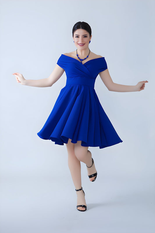 Draped Flared Mini Pleated Woven Boat Neck Evening Dress - Electric Blue