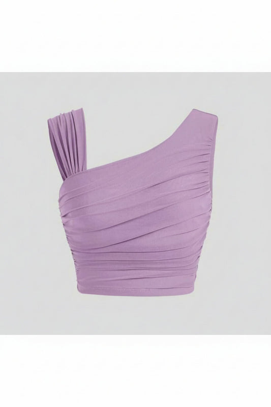 Draped Silk Jersey Crop Top Shirred Sleeves Bustier - Lilac
