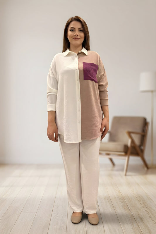 Drapey Long-Back Tunic Shirt - Beige White