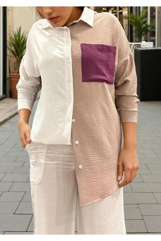 Drapey Long-Back Tunic Shirt - Beige White