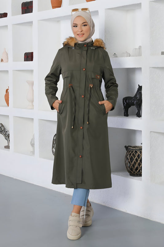 Drawstring Detail Coat - Khaki