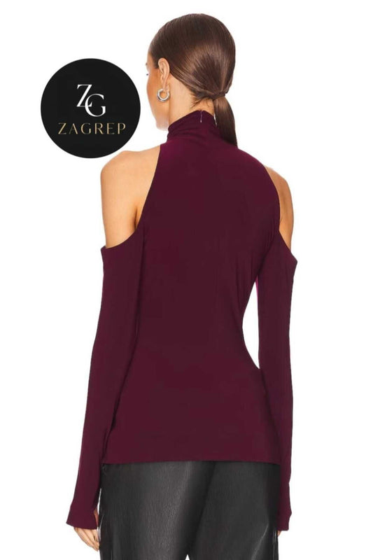 Drop Shoulder Silk Jersey Turtleneck Thumbhole Blouse - Burgundy