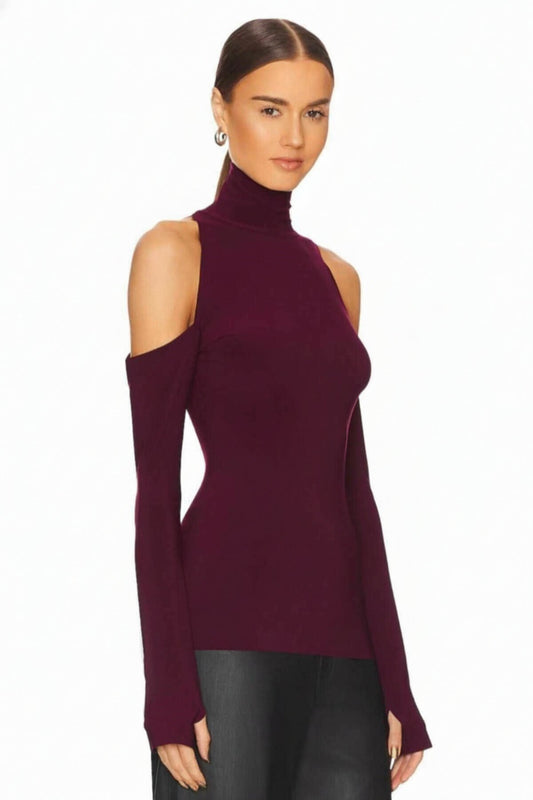 Drop Shoulder Silk Jersey Turtleneck Thumbhole Blouse - Burgundy