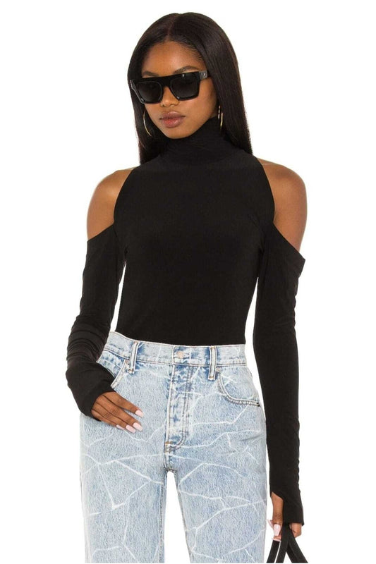 Dropped Shoulder Turtleneck Thumbhole Blouse - Black
