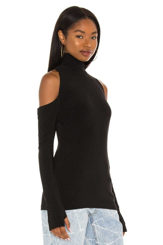Dropped Shoulder Turtleneck Thumbhole Blouse - Black
