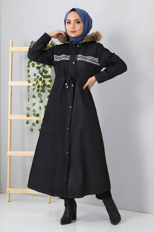 Embroidered Denim Coat - Gray