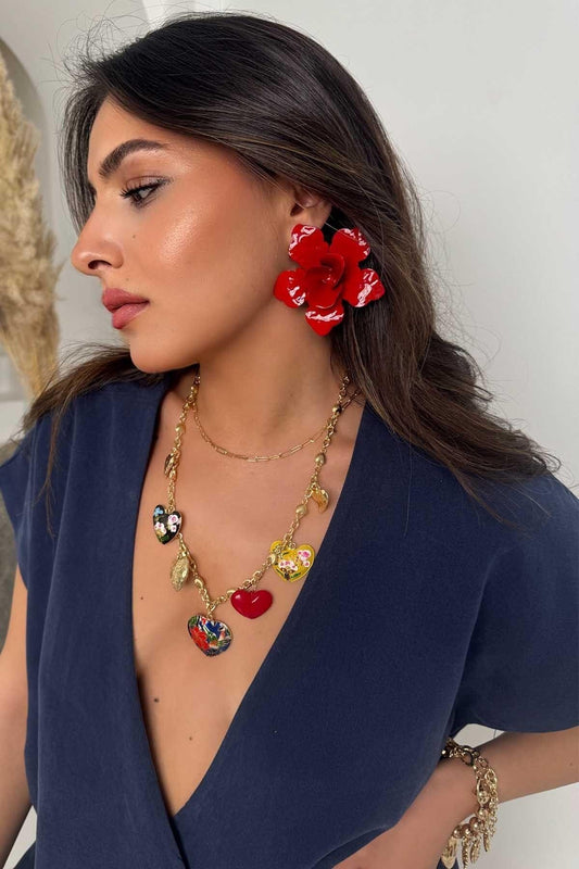 Enameled Flower Earring - Red