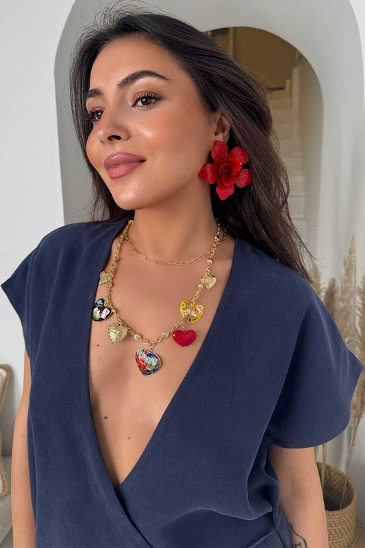 Enameled Flower Earring - Red