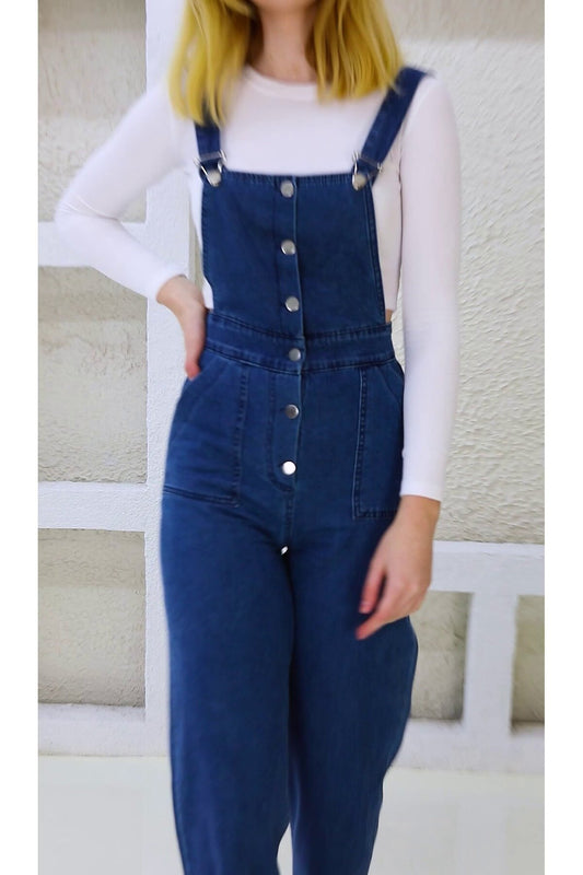 Enzyme Wash Denim Dungaree Front-Button Jumpsuit - Navy Blue