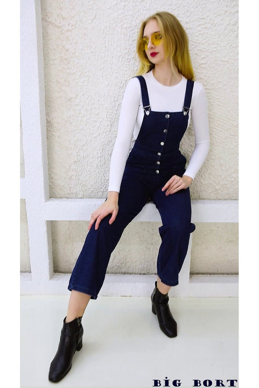 Enzyme Washed Denim Dungaree Front Buttoned Jumpsuit - Navy