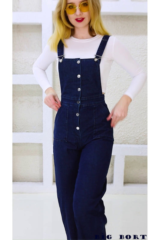 Enzyme Washed Denim Dungaree Front Buttoned Jumpsuit - Navy