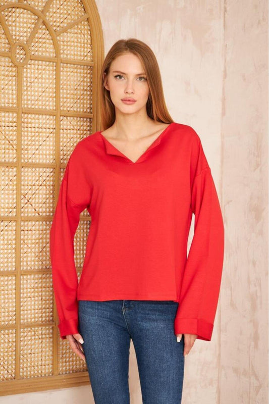 Extra Long Loose Cuffed Sleeve Slit Sweatshirt - Red