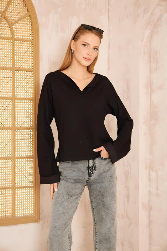 Extra Long Loose Neck Slit Cuffed Sleeve Sweatshirt - Black