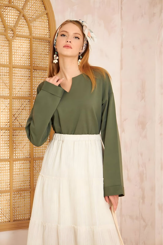 Extra Long Slouchy Cuffed Slit Collar Sweatshirt - Khaki