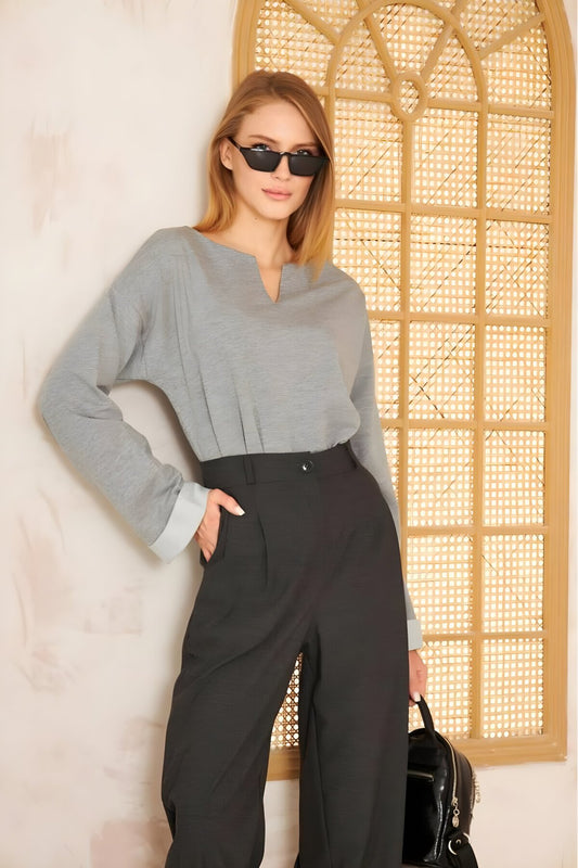 Extra Long Slouchy Cuffed Sweatshirt with Slit Neck - Grey