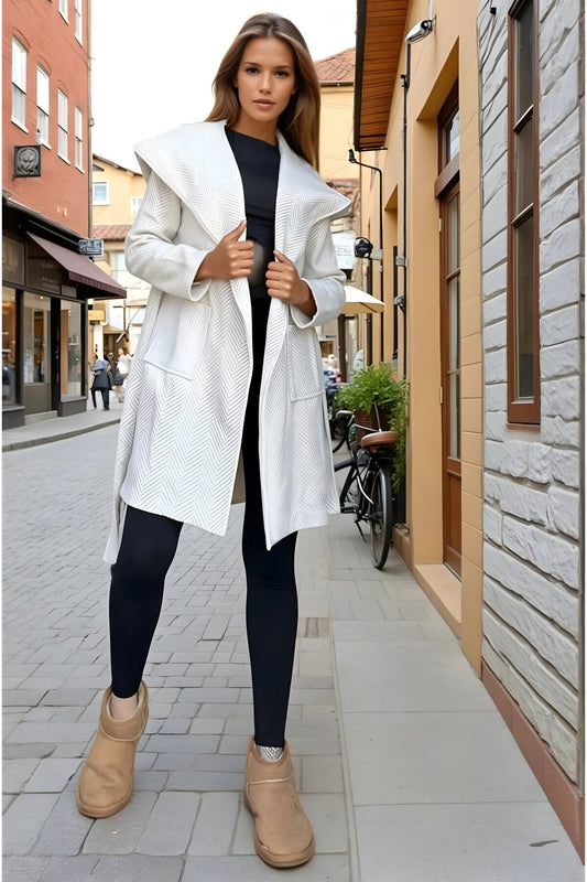 Felted Double-breasted Hooded Belted Winter Coat - Ecru