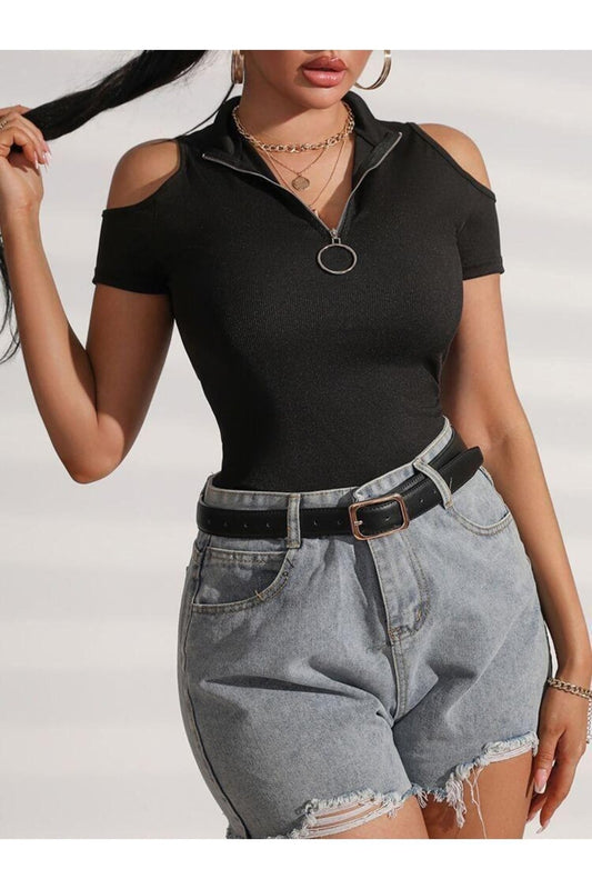 Fitted Zippered Blouse - Black