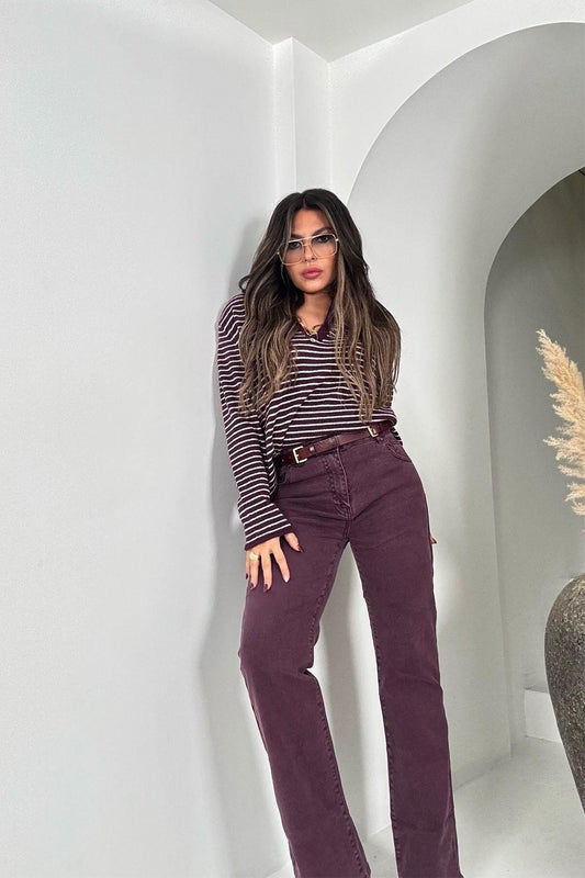 Flared Lycra Jean Pants - Plum