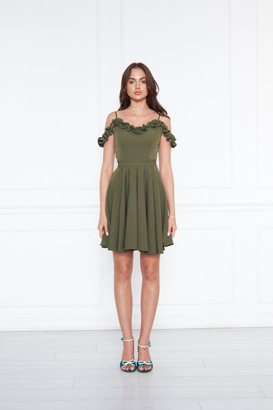 Flared Mini Pleated Ruffle Adjustable Strap Evening Dress - Khaki