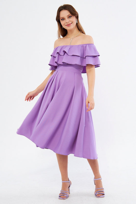 Flowy Midi Dropped-Shoulder Ruffle-Collar Dress - Lilac