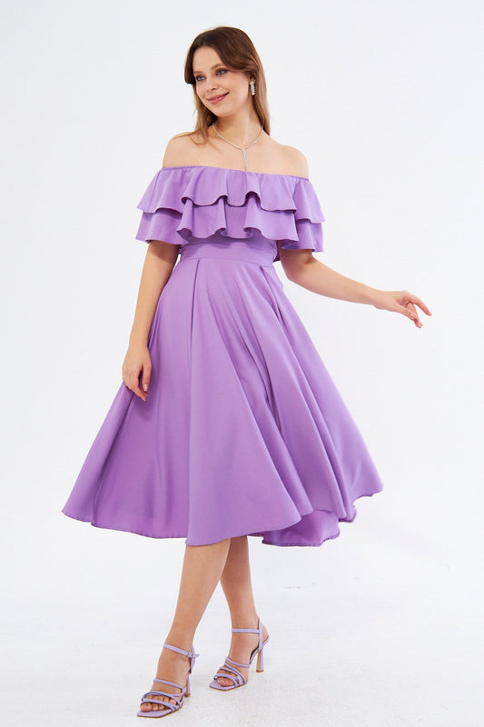 Flowy Midi Dropped-Shoulder Ruffle-Collar Dress - Lilac