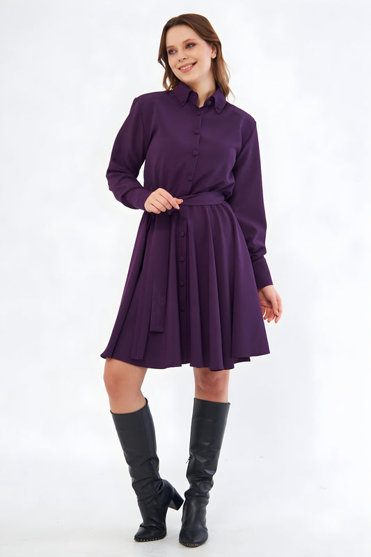 Flowy Mini Long Sleeve Woven Shirt Dress, Belted - Plum
